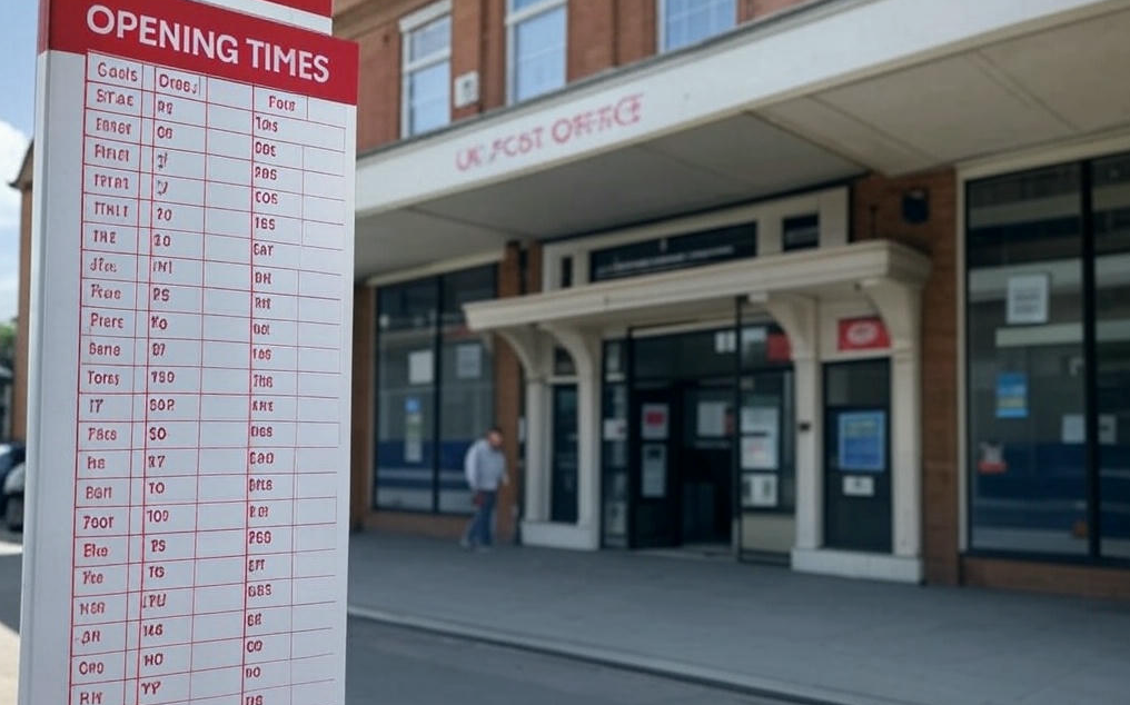 UK Post Office opening times sign outside a branch